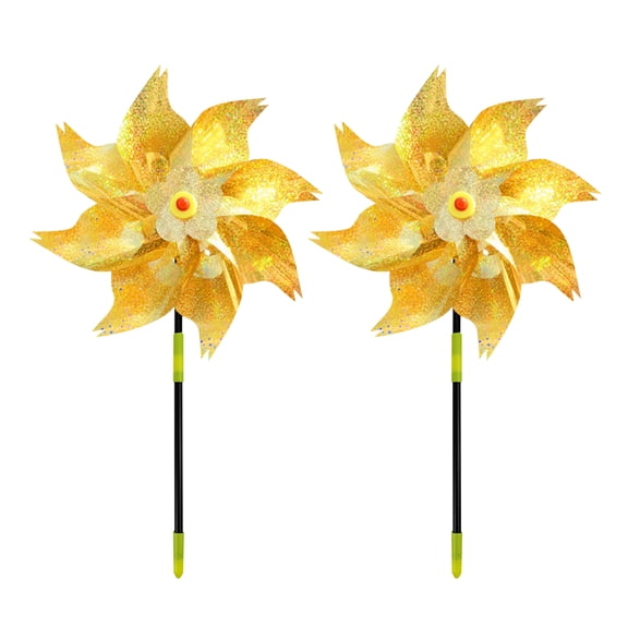 2PC Reflective Pinwheels with Stakes (Pre-Assembled), Extra Sparkly Rainbow Pin Wheel for Garden Decor, Bird Repellent Devices Deterrent to Scare Birds Away from Yard Patio Farm (Gold)