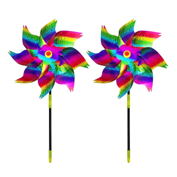 2PC Reflective Pinwheels with Stakes (Pre-Assembled), Extra Sparkly Rainbow Pin Wheel for Garden Decor, Bird Repellent Devices Deterrent to Scare Birds Away from Yard Patio Farm (Multicolor)