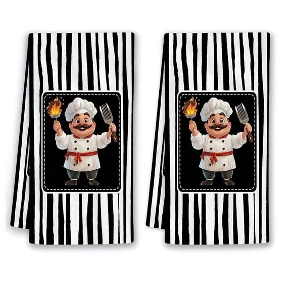 2PC Retro Chef Kitchen Towels - Black and White Striped Cooking Themed Dish Cloths, Stylish and Absorbent Kitchen Decor