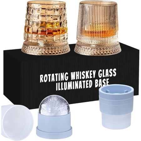 2PC Rotating Whiskey Glass, Whiskey Glasses Set Rotatable Old Fashioned Glasses with Light-up Spinning Base and Two Ice Cups, Creative Glass Bourbon Cups