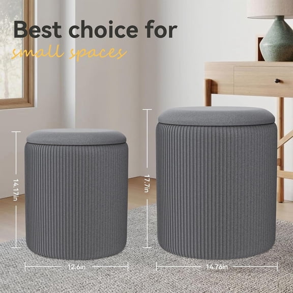 2PC Round Velvet Ottoman with Storage & Upholstered Pouf Foot Rest for Dorm, Boho Coffee Table Stools, Cute Circle Ottoman, Multifunctional Velvet Storage Ottoman for Living Room, Bedroom