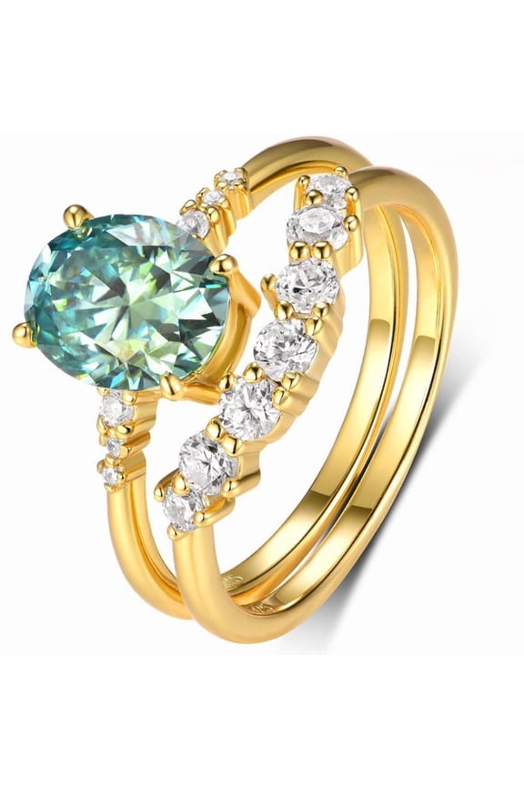 2PC S925 Silvery 2ct Green Oval Moissanite Ring Shine Exquisite Valentine'S Day Anniversary Gift, for Family and Friends Birthday, Holiday, Christmas, Mother'S Day, New Year Gifts