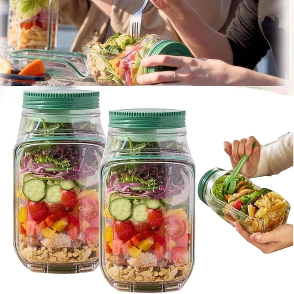 2PC Salad Jar, Durable Salad Jar with Side Opening and Leakproof Seasoning Layer, Portable Salad Jar Container for Lunch, Meal Prep, Travel, Office, and Outdoor Use