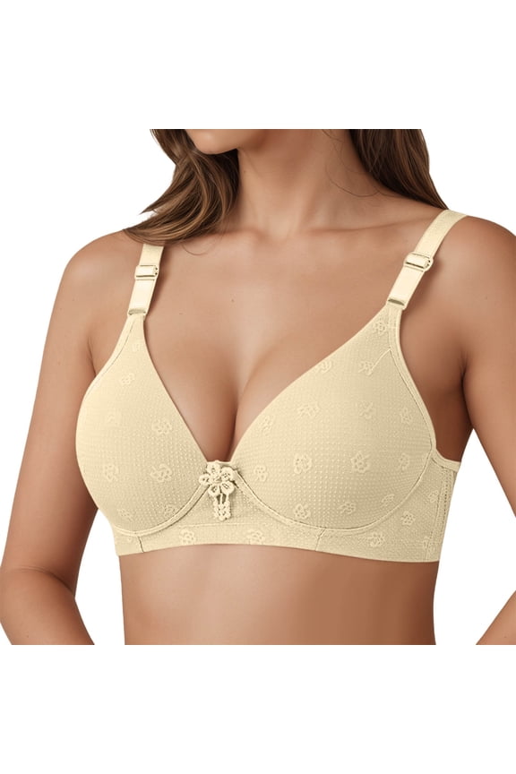 2PC Seamless Bras for Women V Neck Cushioned Padding Lace Bralette,Beige,36