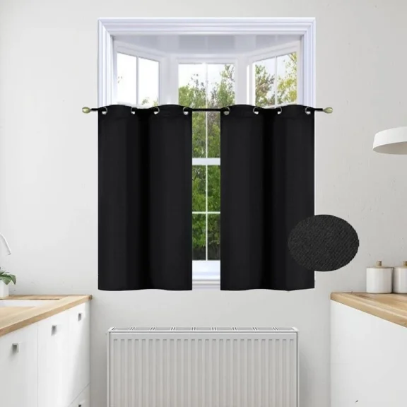Gorgeous Home Linen 2pc Set Versatil Short Curtain Grommet Thermal Blackout Window Tier Unlined Panels 28"x36" Each Piece Solid Color Black