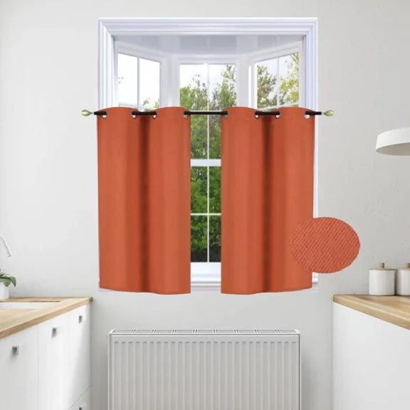 Gorgeous Home Linen 2pc Set Versatil Short Curtain Grommet Thermal Blackout Window Tier Unlined Panels 28"x36" Each Piece Solid Color Brick Rust