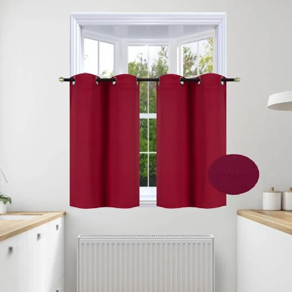 Gorgeous Home Linen 2pc Set Versatil Short Curtain Grommet Thermal Blackout Window Tier Unlined Panels 28"x36" Each Piece Solid Color Burgundy