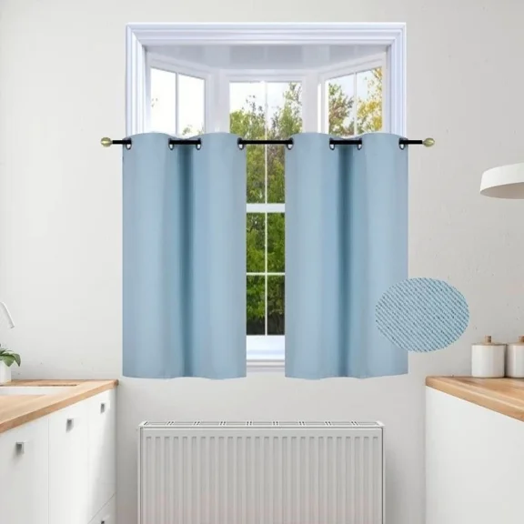Gorgeous Home Linen 2pc Set Versatil Short Curtain Grommet Thermal Blackout Window Tier Unlined Panels 28"x36" Each Piece Solid Color Light Blue