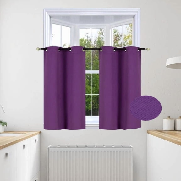 Gorgeous Home Linen 2pc Set Versatil Short Curtain Grommet Thermal Blackout Window Tier Unlined Panels 28"x36" Each Piece Solid Color Purple