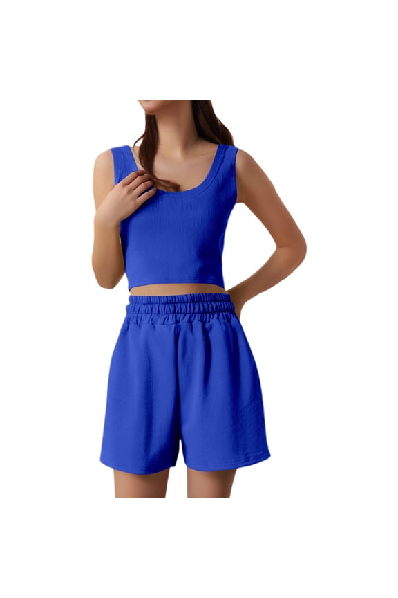 2PC Sets Women Outfit Summer Linen Shorts Set Sleeveless Matching Crop Tops High Waisted Shorts Yoga Shorts Activewear Walking Clothes Blue XXXL