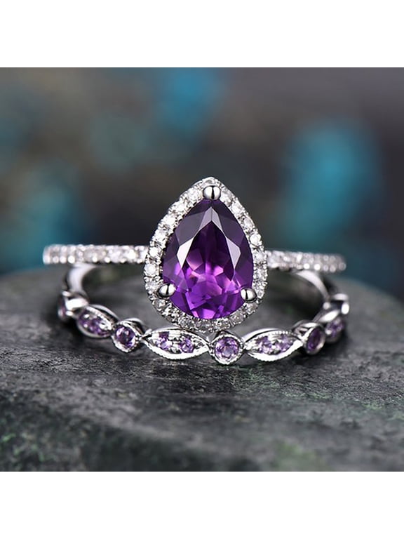 2PC Shining Amethyst Ring Tear Drop Shape, Teardrop Cubic Zirconia Promise Ring Set, Engagement Wedding Band Ring Sets for Women, Rhinestone Inlaid Amethyst Ring, Gift for Mom Girlfriend