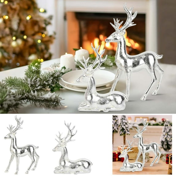 2PC Silvery Reindeer Christmas Desktop Decoration Indoor Plastic Large Christmas Reindeer Decor Statue Realistic hand-polished texture Gifts for Family and Friends (14IN&9.8IN)