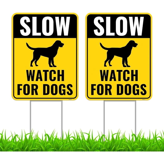 2PC Slow Watch for Dogs with Stakes, 17 Inches by 13 Inches - Corrugated Plastic - Caution Slow Down Dog Crossing Pets At Play Sign