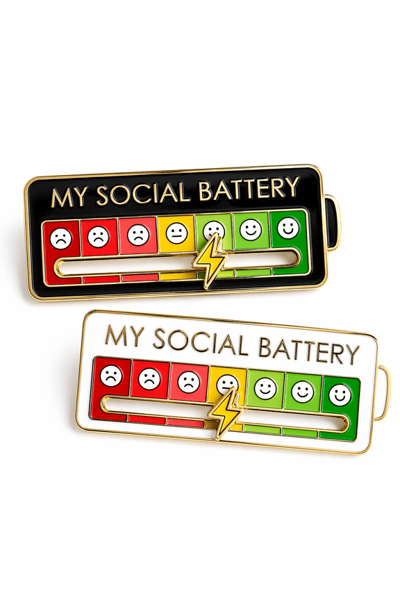 2 Pack Social Battery Enamel Pins, Interactive Slider Lapel Pin Brooch Set for Jackets, Backpacks, Hats and Bags, Funny Introvert Gift for Adults