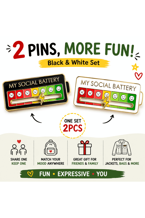 2PC Social Battery Slider Pins, Funny Enamel Mood Pins, Interactive Lapel Pins Brooch Set for Jackets, Backpacks, Hats & Bags, Introvert Gift, Coworker Gift, Expression Badge for Women and Men