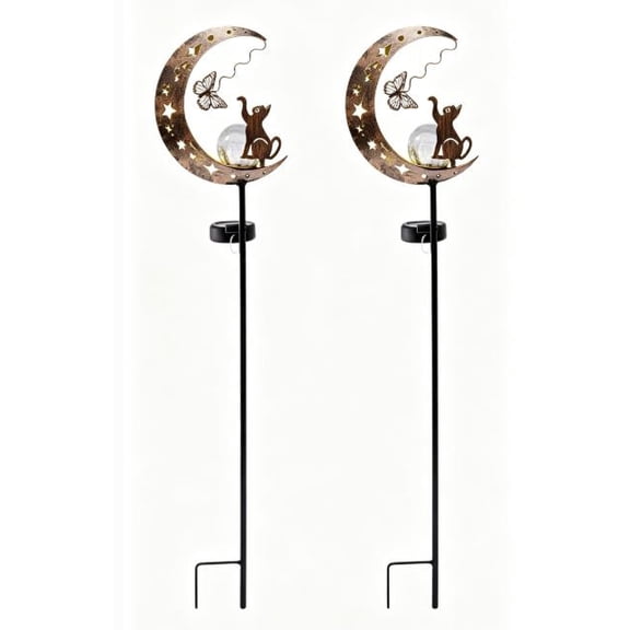 2PC Solar Powered Moon Cat & Butterfly Garden Light, 33.46 Inch Waterproof LED Stake Lamp for Yard Patio Walkway