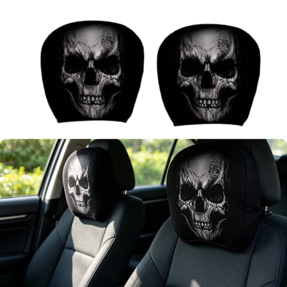 2PC Spooky Skull Car Head Rest Covers, Halloween Dark Horror Stretch Washable Headrest Protector, Universal Fit Car Truck SUV Cool Gothic Auto Decoration Driver Holiday Gift