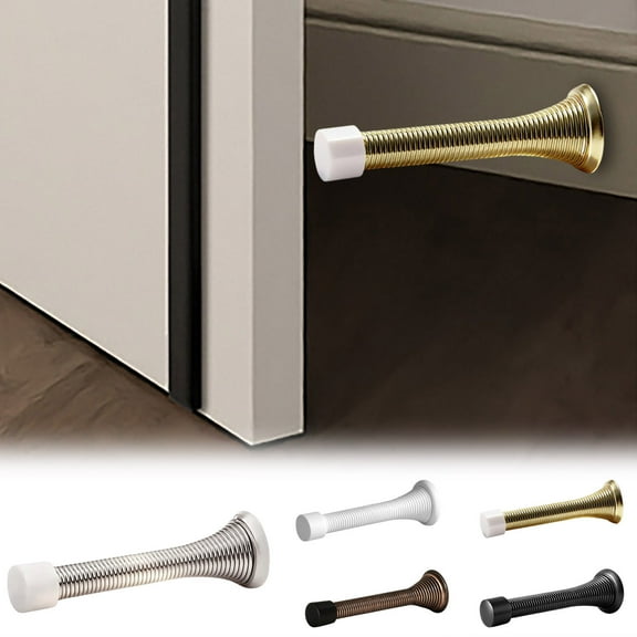 2PC Spring Door Stopper Bright Brass - Flexible Gold Spring Door Stops with White Rubber Bumper Tips Doorstops for Inside Door with Rubber Bumper Tip,Gold