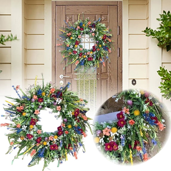 2PC Spring Summer Artificial Wildflower Wreath 15.75 Inch Daisy Lavender Greenery Wreath Rustic Farmhouse Wreath Summer Wreaths for Front Door Spring Door Wreath for Front Door Wall Window Home Decor