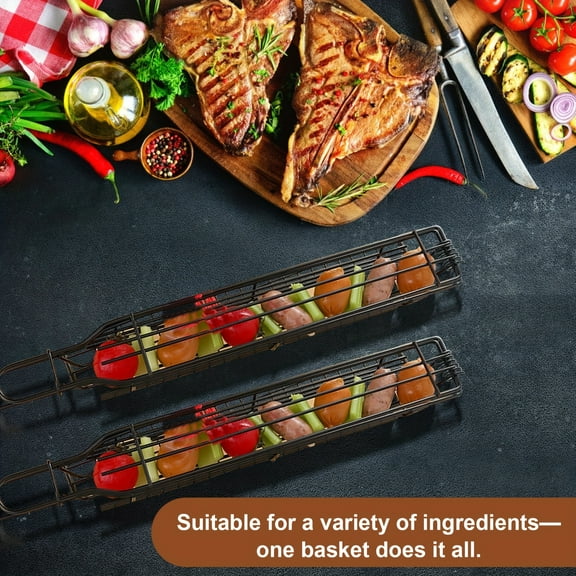2PC Stainless Steel BBQ Skewer Grill Basket Set – Polished Grill Accessories for Vegetables, Shrimp, Fish & Meat (19.2” x 1.7”) – Includes Oil Brush