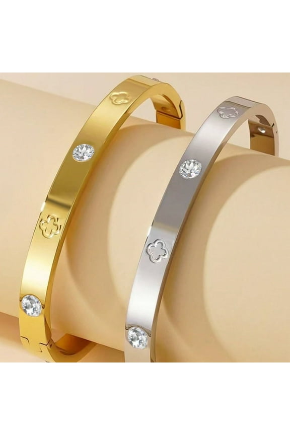 2PCS Gold &Silver Bracelets Clover Good Lucky Bracelet Set for Women Stainless Steel with Zirconia Fashion Bangle Trending Arm Cuff Jewelry