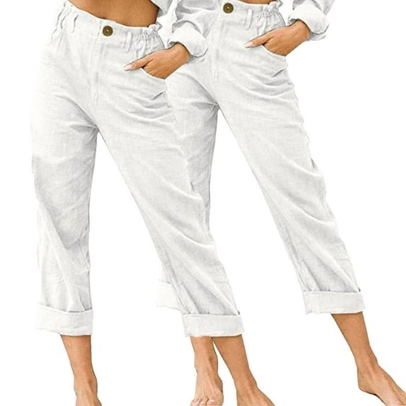 qolati 2 Pack Womens Capris Stretch Lightweight Casual Cargo Pants Cotton Linen Button Cropped Trousers Outdoor Clothes Summer Pants for Women