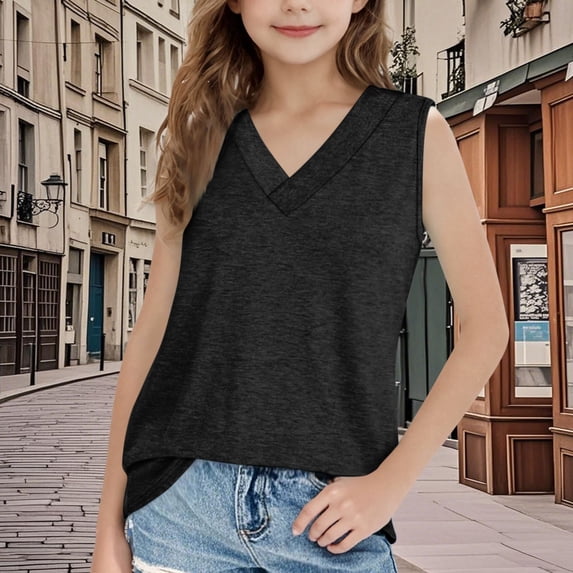 Summer Girls Tank Tops Size 5-15Y Sleeveless V-Neck Solid Color Undershirts Summer Casual Lightweight Tops & Blouses for Girls Black