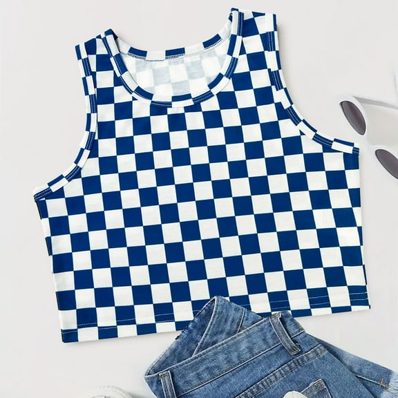 Summer Girls' Crop Tops Size 8-14 Years Sleeveless Crew Neck Printed Undershirts Summer Casual Lightweight Tops & Blouses for Girls Blue