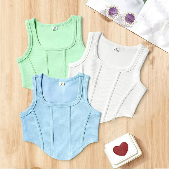 3PC Girls' Crop Tops Size 8-14 Years Summer Sleeveless Crew Neck Camisoles Undershirts Summer Casual Lightweight Tops & Blouses for Girls Multicolor-#01