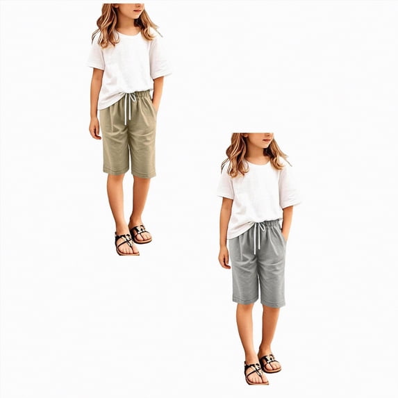 2PC Summer Shorts for Girls Running Shorts for Girls Girls Bermuda Shorts Knee Length Summer Casual Cotton Linen Shorts Lightweight Elastic Waist Drawstring Short Pants Bermuda Shorts Kids