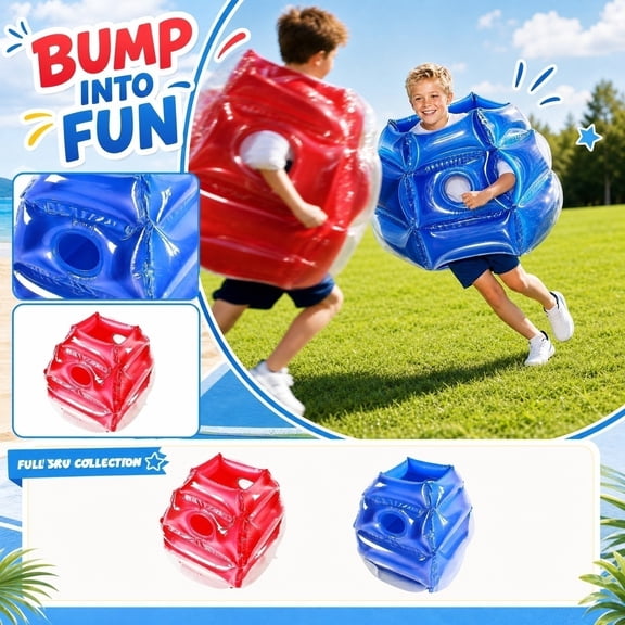 2PC Sumo Balls, Inflatable PVC Bumper Ball Outdoor Fun Collision Ball Blow Up Body Bubble Ball Sports Game Prop for Grassland or Other Outdoors Play (2PC Blue+Red 25.2inch)