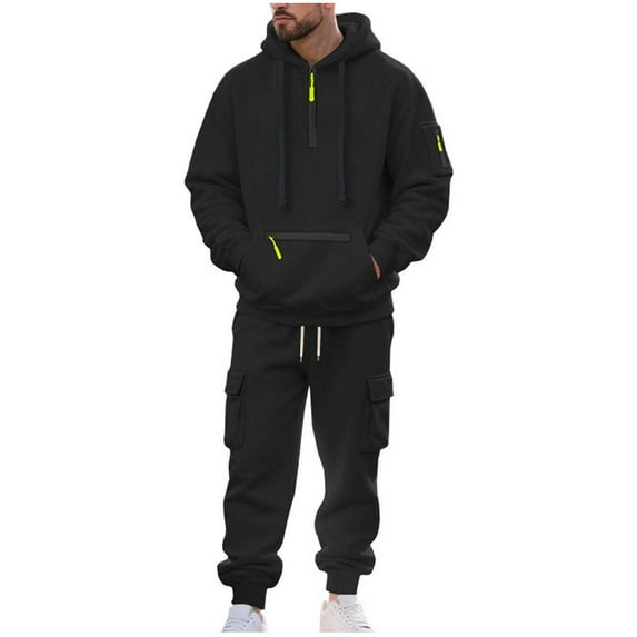 2PC Sweatsuit for Men Long Sleeve Drawstring Quater Zip Hoodie Elastic Waist Cuffed Cargo Joggers Sweatpants Loungewear Set with Pockets Black 2XL