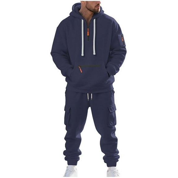 2PC Sweatsuit for Men Long Sleeve Drawstring Quater Zip Hoodie Elastic Waist Cuffed Cargo Joggers Sweatpants Loungewear Set with Pockets Navy 3XL