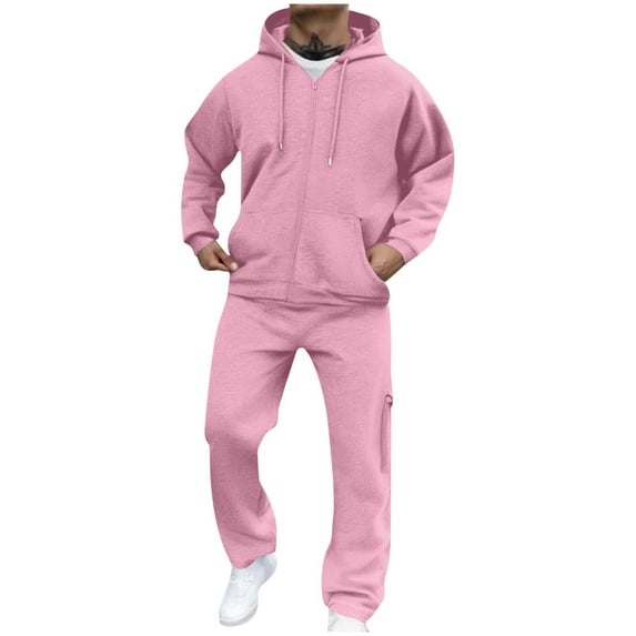 2PC Sweatsuit for Men Long Sleeve Zip Up Hoodie Cargo Sweatpants Loungewear Outfits with Pockets Pink 3XL