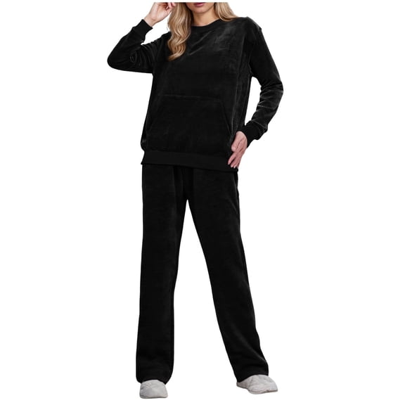 2PC Sweatsuit for Women Long Sleeve Solid Sweatshirt Elastic Waist Wide Leg Joggers with Pockets Black S