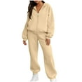 thumbnail image 1 of 2PC Sweatsuit for Women Long Sleeve Zip Up Hoodie Elastic Waist Cuffed Joggers Tracksuit Set with Pockets Beige 2XL, 1 of 9