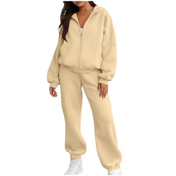 2PC Sweatsuit for Women Long Sleeve Zip Up Hoodie Elastic Waist Cuffed Joggers Tracksuit Set with Pockets Beige L