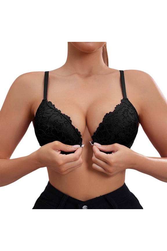 2PC T Shirt Bras for Women Gathering Light Front Buttoned Beauty Back Triangle Bralette,Black,34