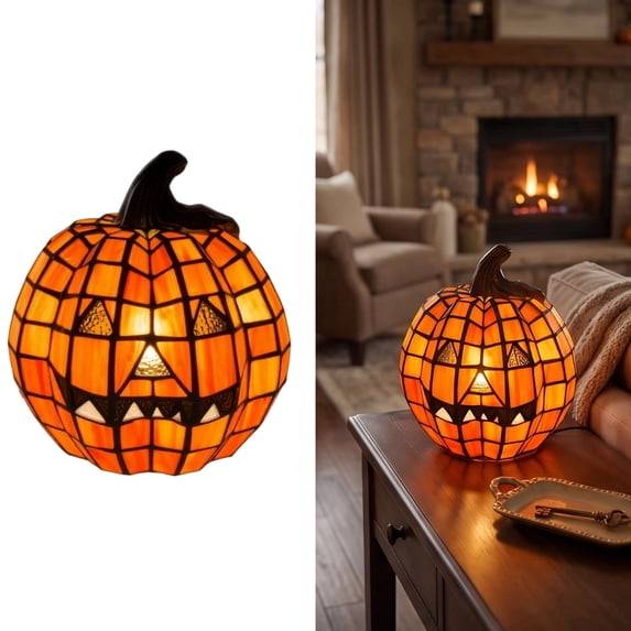 2PC Tiffany Style Large Resin Jack O Lantern Lamp, Halloween LED Light Up Resin Pumpkin Lantern, 4.7" Stained Glass Pumpkin Accent Night Light, Fall Thanksgiving Indoor Room Window Tabletop Decor