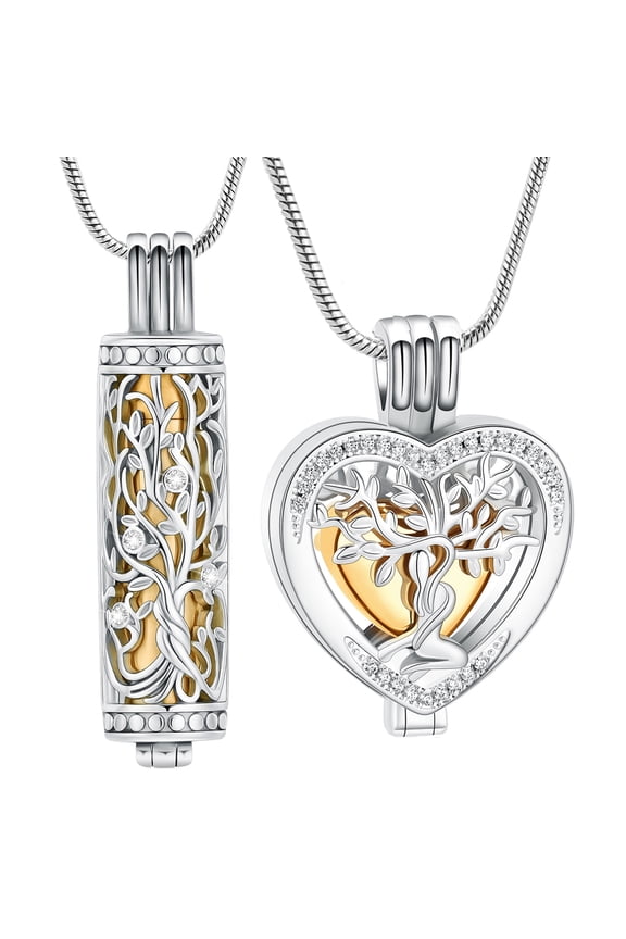 2PC Tree of Life Urn Necklace for Ashes with Hollow Vial Cylinder Heart Cremation Jewelry Mini Keepsake Memorial Lockets for Holder Women Men Pets Ash