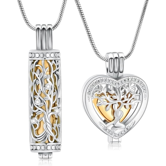 2PC Tree of Life Urn Necklace for Ashes with Hollow Vial Cylinder Heart Cremation Jewelry Mini Keepsake Memorial Lockets for Holder Women Men Pets Ash