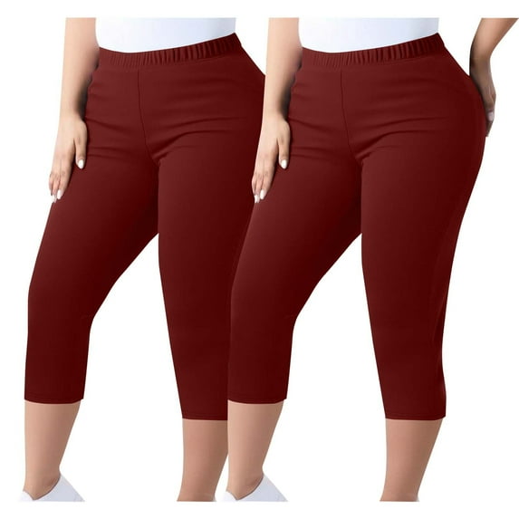 2PC Tummy Control Capri Leggings for Women Plus Size Elastic Waist Seamless Workout Athletic Running Capri Leggings Yoga Pants for Women Wine 3XL