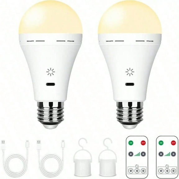 2PC USB-C Rechargeable LED Light Bulb with Remote Control - E27 Emergency Light, Dimmable 7W Bulb for Home Power Outage
