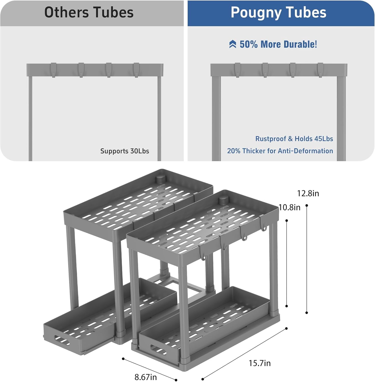 2PC Under Sink Organizer Rack 2 Tier Sliding Cabinet Basket with 4 Hooks - Multi-Purpose Storage for Kitchen Bathroom Desktop