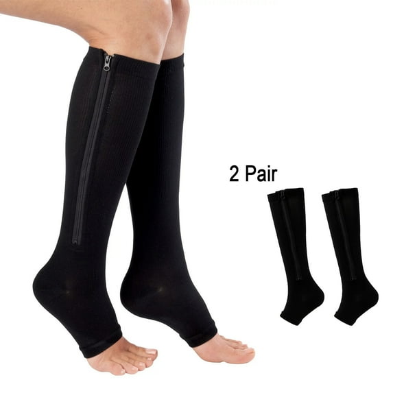 2PC Unisex Compression Socks with Zipper, Stretch Leg Support Open Toe Knee Stockings, Sports and Football Socks, Black XXL