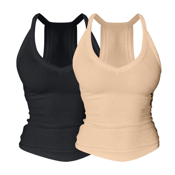 2PC V Neck Cotton Tank Tops with Built-in Shelf Bra for Women Sleeveless Racerback Fitted Basic Solid Color Cami Shirts Women Comfy Lightweight Cute Shirts Beach Vacation Outfits, Silver M