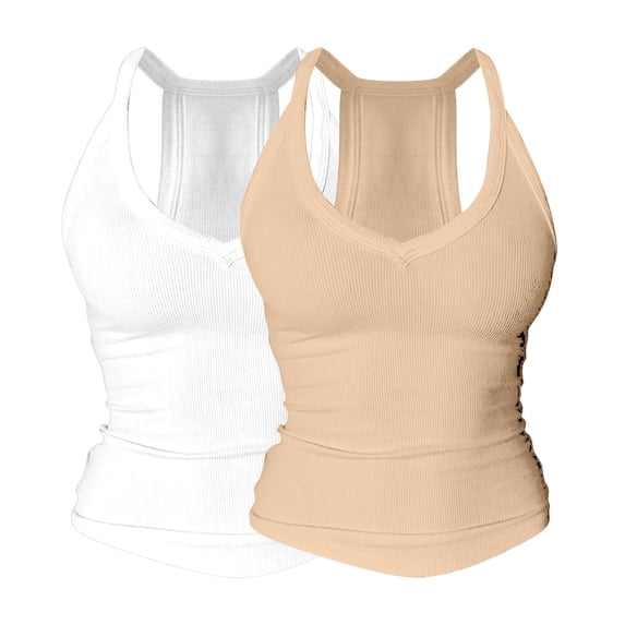 2PC V Neck Cotton Tank Tops with Built-in Shelf Bra for Women Sleeveless Racerback Fitted Basic Solid Color Cami Shirts Women Comfy Lightweight Cute Shirts Beach Vacation Outfits, Coffee XL
