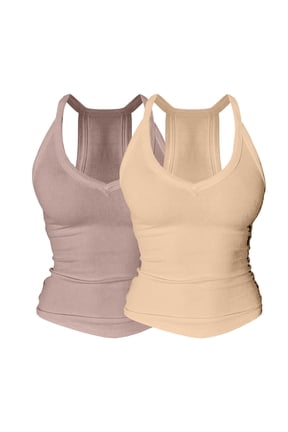 2PC V Neck Cotton Tank Tops with Built-in Shelf Bra for Women Sleeveless Racerback Fitted Basic Solid Color Cami Shirts Women Soft Lightweight Cute Shirts Beach Vacation Outfits, Brown S