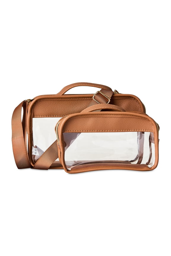 Travel Bag Set, Clear Bag Brown Leather, Makeup Bag and Toiletry Organizer Clear Stadium Bag Style, 2 Piece