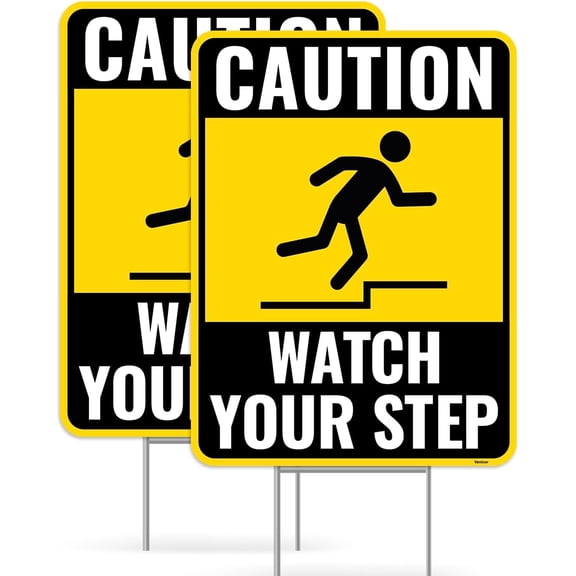 2PC Watch Your Step Sign with Metal Stakes, 12 Inches by 9 Inches - Corrugated Plastic - Caution Please Watch Your Step Sign Outdoor